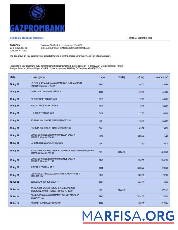 Realistisch Gazprombank firm Konto Kontoauszug Word and PDF Vorlage
