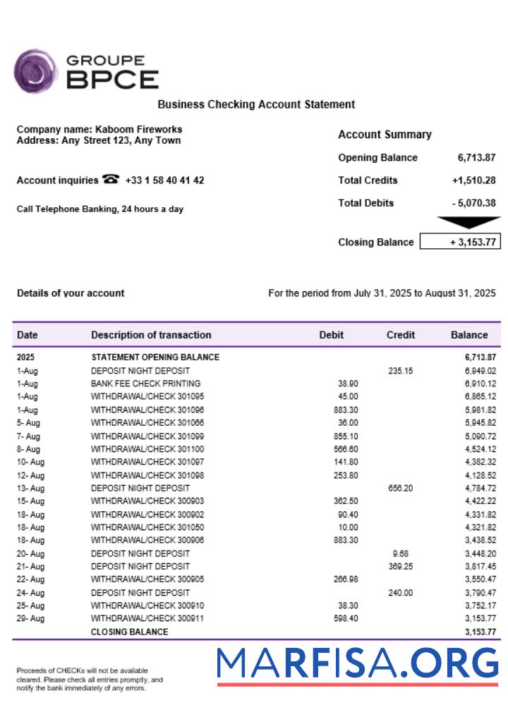 Groupe BPCE Bank Konto Geschäft Kontoauszug Word and PDF Format Vorschau