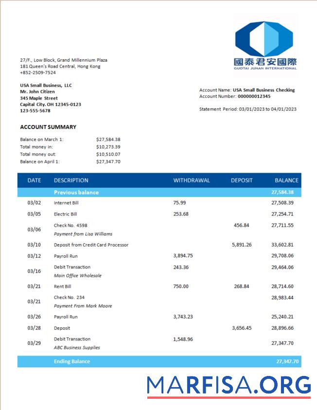 Hohe Qualität Guotai Junan Securities Bank corporate checking Konto Kontoauszug Word and PDF Vorlage