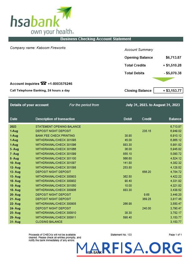 Professionell HSA Bank enterprise Konto Kontoauszug Word and PDF Vorlage