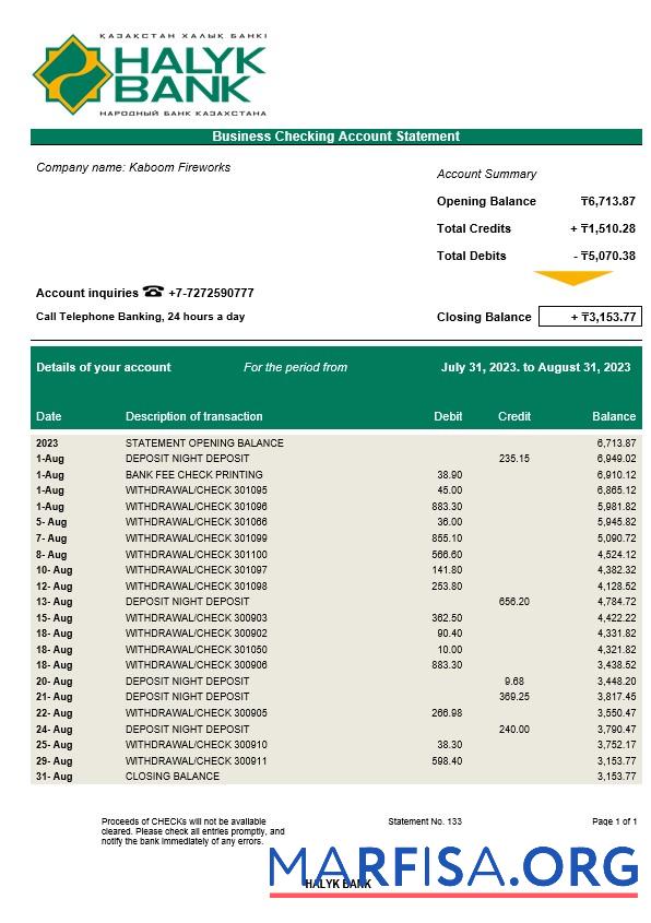 Hohe Qualität Halyk Bank organization Konto Kontoauszug Word and PDF Vorlage