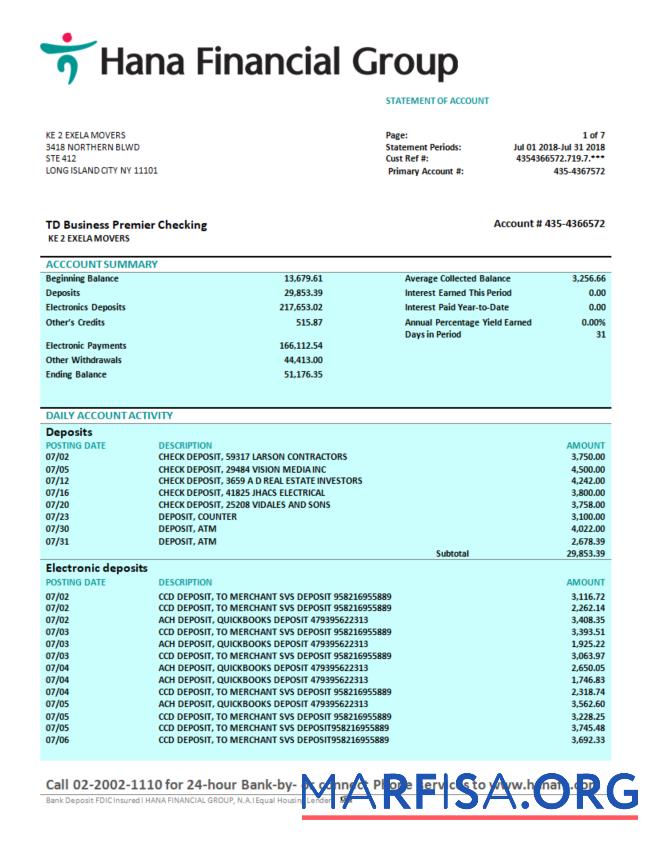 Premium Hana Financial Group firm Bank Kontoauszug Word and PDF Vorlage