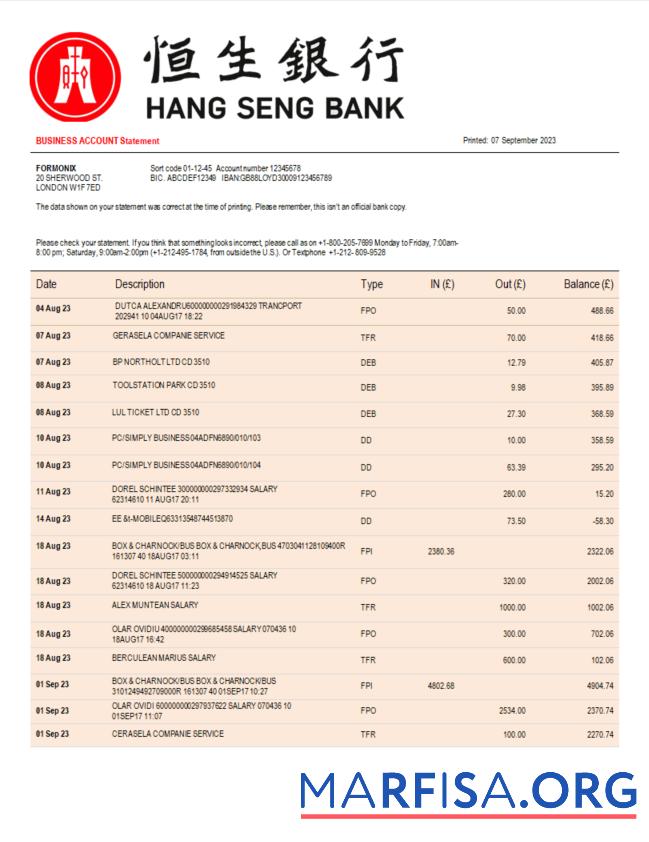 Premium Hang Seng Bank corporate checking Konto Kontoauszug Word and PDF Vorlage