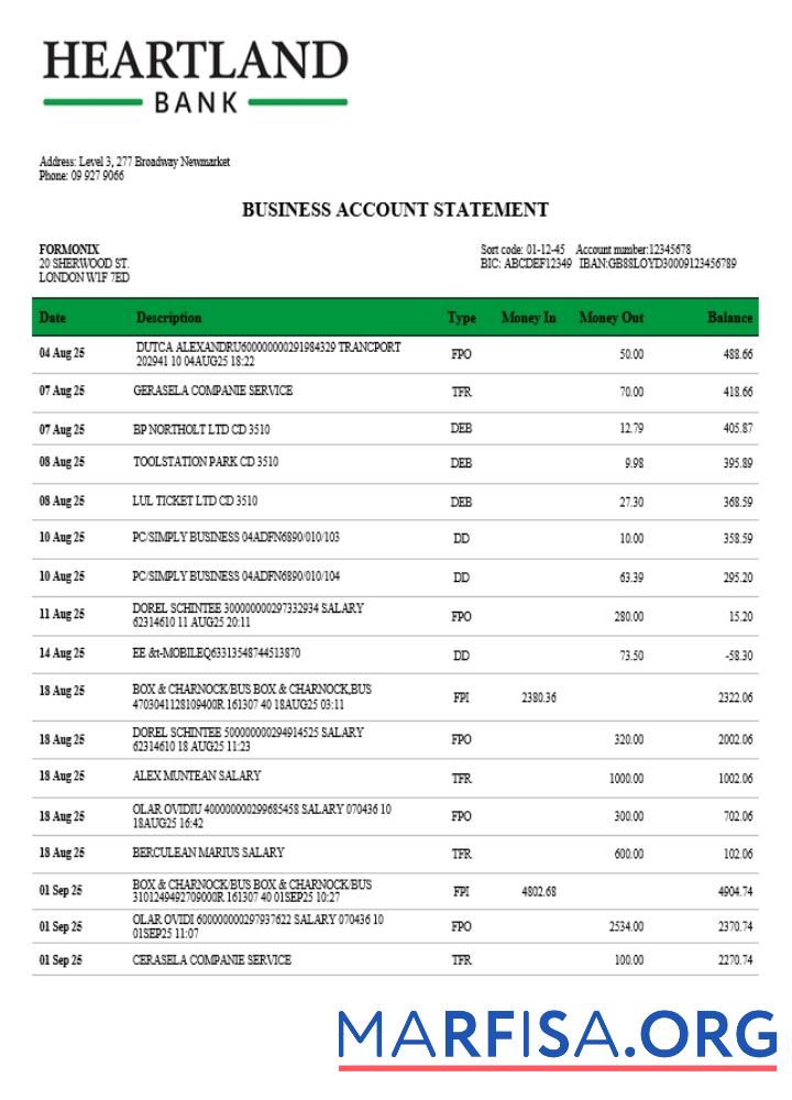 Heartland firm Konto Bank Kontoauszug Word and PDF Format (1) Vorlage