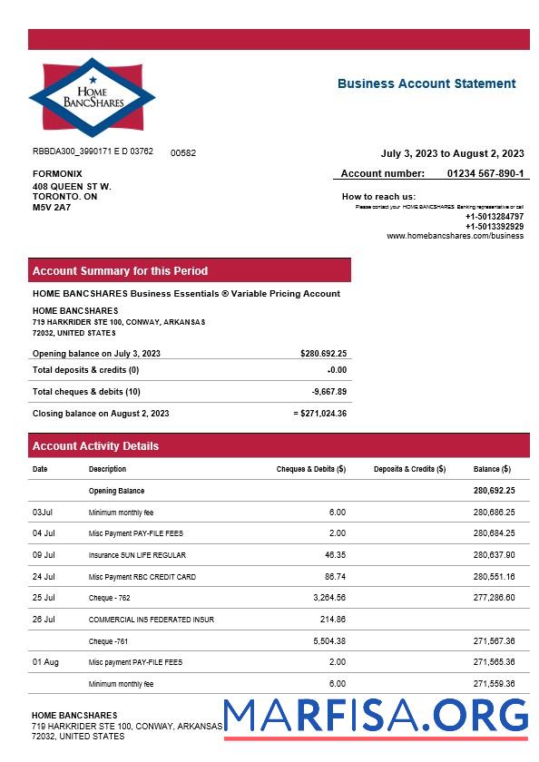 Professionell Home Bancshares Bank firm Konto Kontoauszug Word and PDF Vorlage