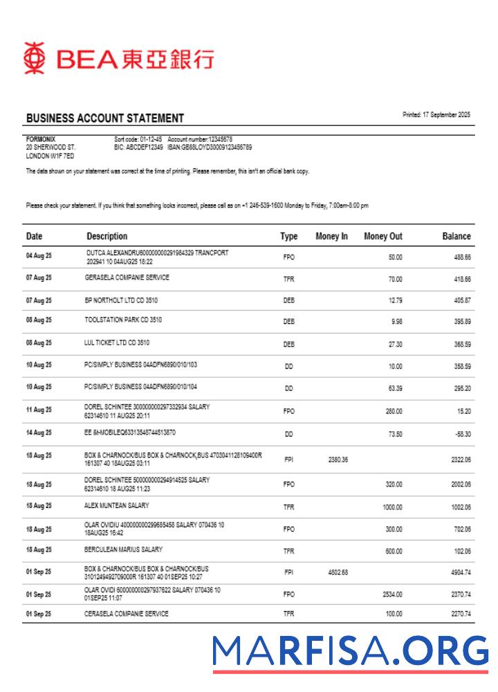 Hongkong BEA Geschäft Bank Kontoauszug Word and PDF Format Vorschau