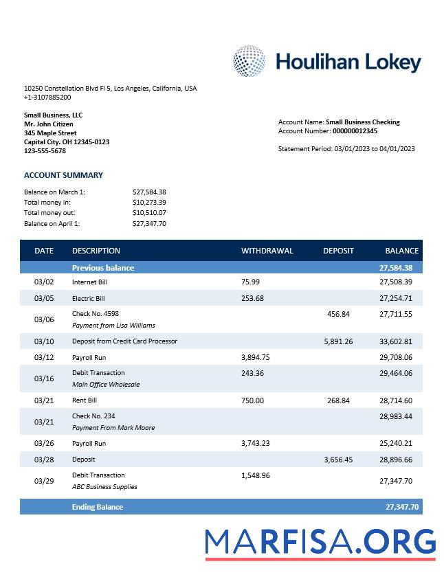 Premium Houlihan Lokey Inc Bank Unternehmen checking Konto Kontoauszug Word and PDF Vorlage