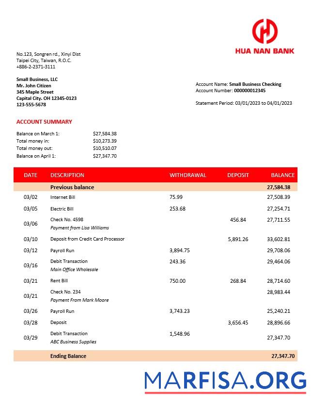 Professionell Hua Nan Financial Holdings firm Bank Kontoauszug Word and PDF Vorlage