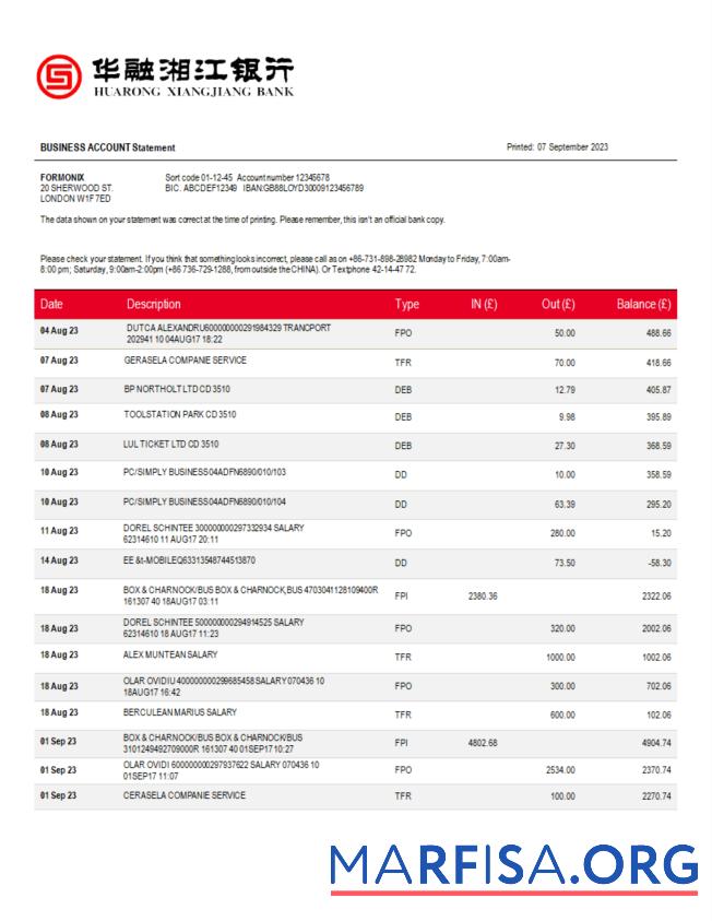 Hohe Qualität Huarong Xiangjiang Bank Unternehmen Konto Kontoauszug Word and PDF Vorlage