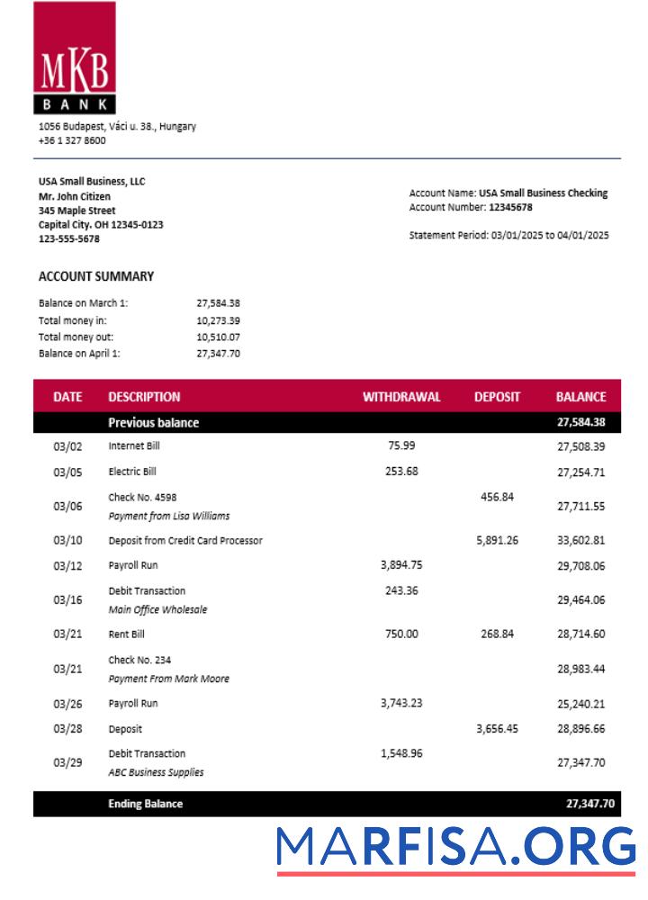 Professionell Ungarn MKB Bank Geschäft Konto Kontoauszug Word and PDF Vorlage