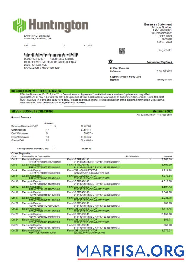 Bearbeitbar Huntington Bancshares corporate Bank Kontoauszug Word and PDF Vorlage