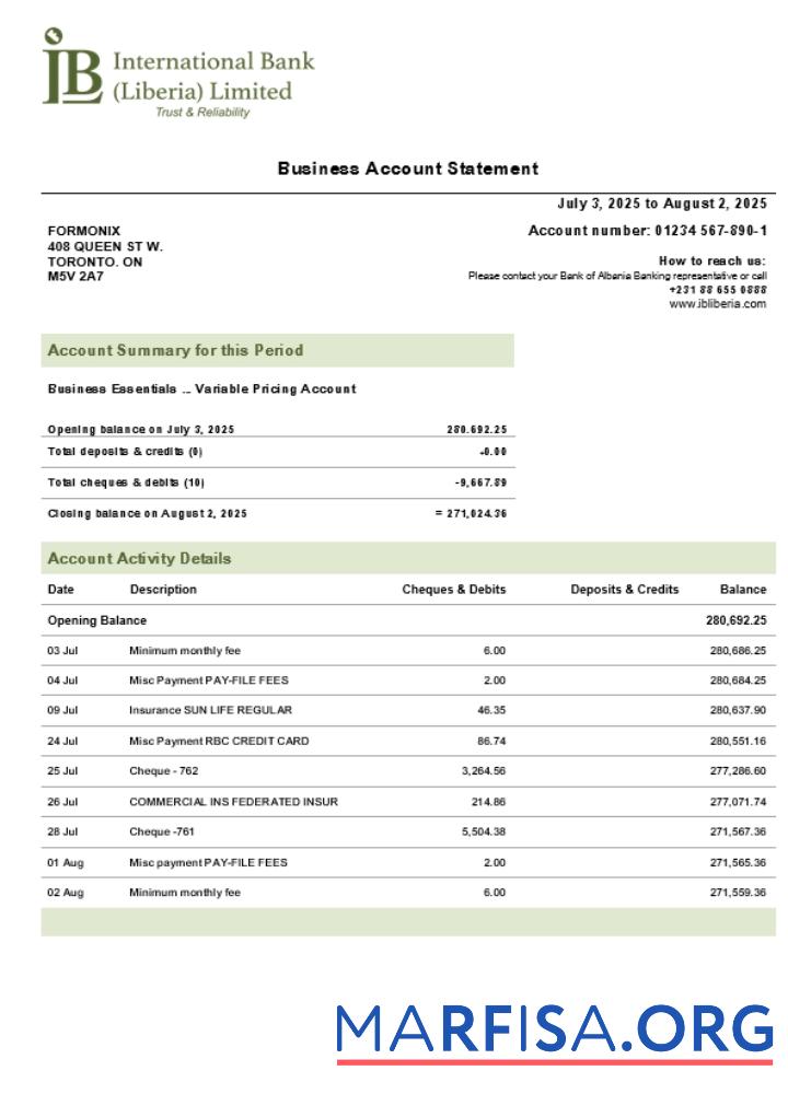IB International Geschäft firm Kontoauszug Word and PDF Format (1) Probe