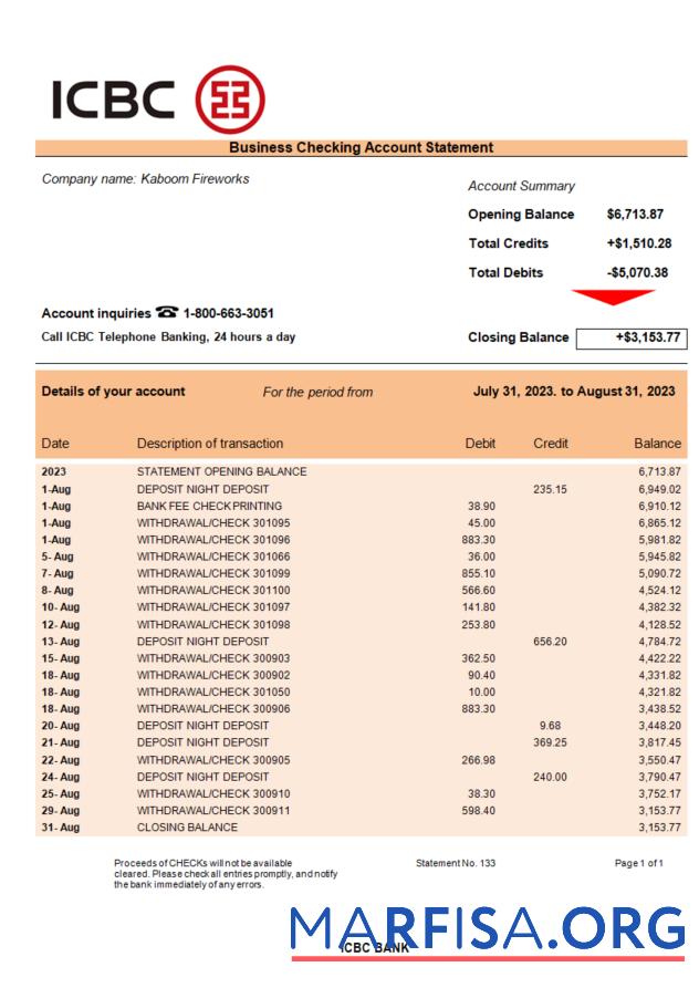 Hohe Qualität ICBC Bank Geschäft checking Konto Kontoauszug Word and PDF Vorlage