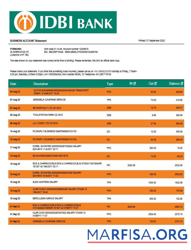 Bearbeitbar IDBI Bank enterprise Konto Kontoauszug Word and PDF Vorlage