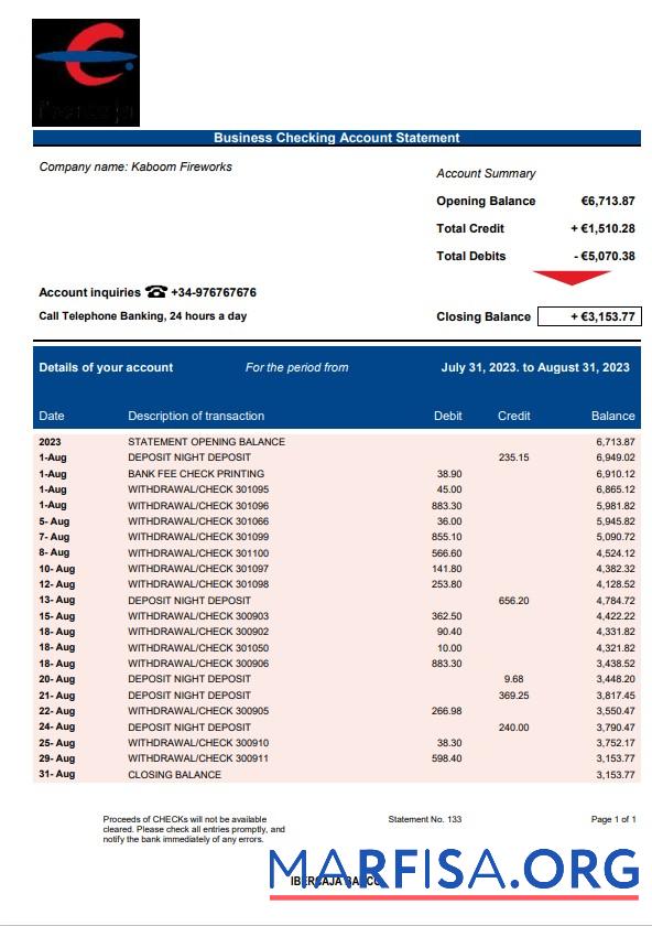 Premium Ibercaja Bank firm Konto Kontoauszug Word and PDF Vorlage