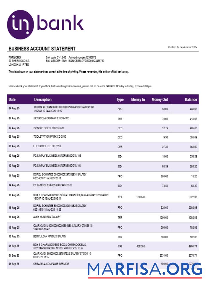 Inbank Geschäft firm Konto Kontoauszug Word snd PDF Format Vorlage