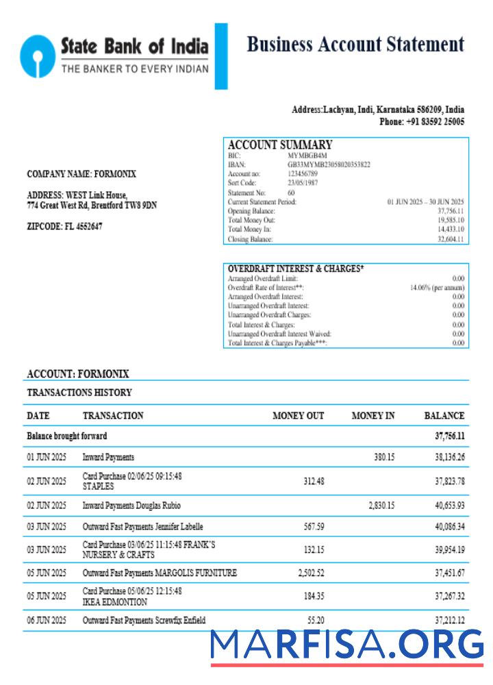 Indien State Bank of Indien Geschäft Bank Unternehmen Kontoauszug Word and PDF Format Vorschau