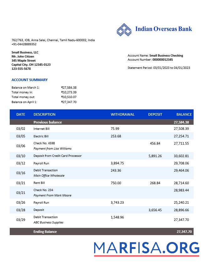 Hohe Qualität Indian Overseas Bank organization Konto Kontoauszug Word and PDF Vorlage