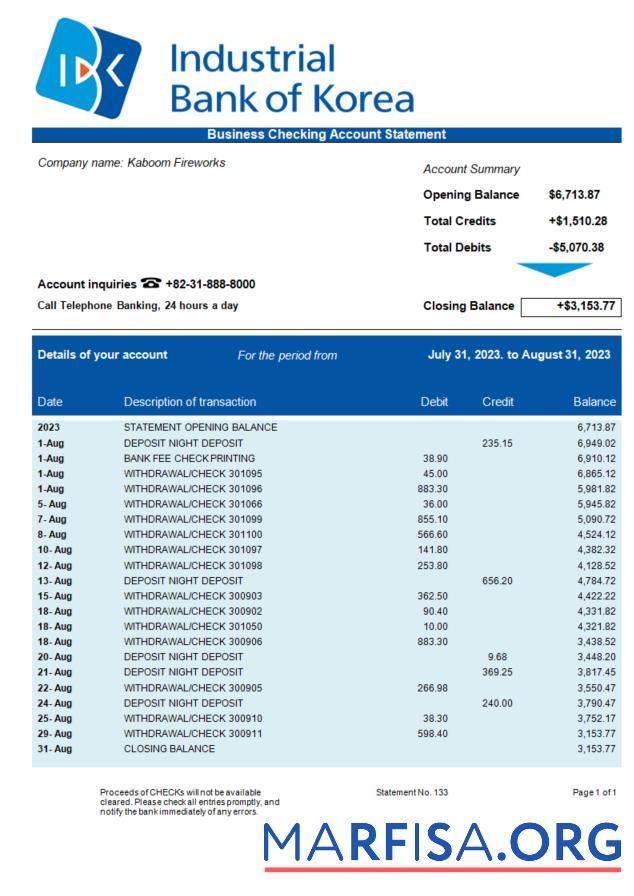 Bearbeitbar Industrial Bank of Korea Geschäft Kontoauszug Word and PDF Vorlage