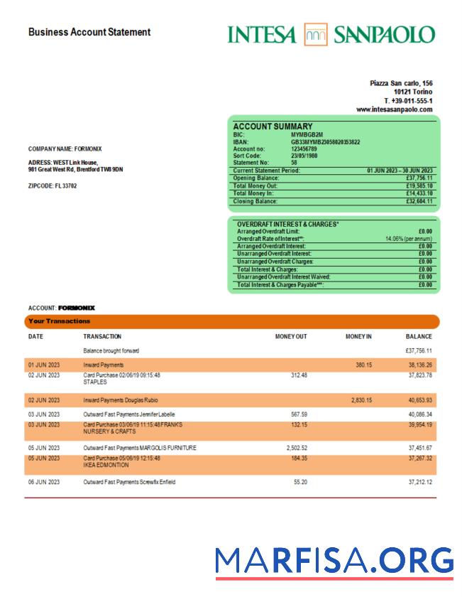 Hohe Qualität Intesa Sanpaolo Bank enterprise Konto Kontoauszug Word and PDF Vorlage