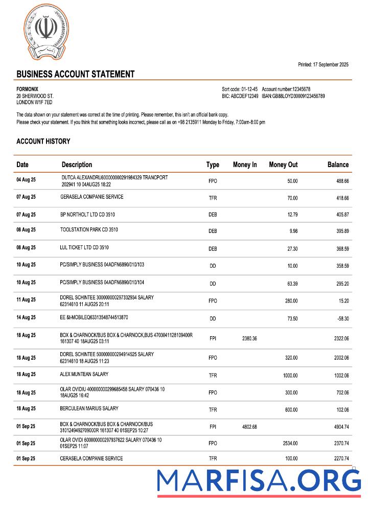 Professionell Iran Bank Sepah Bank enterprise Konto Kontoauszug Word and PDF Vorlage