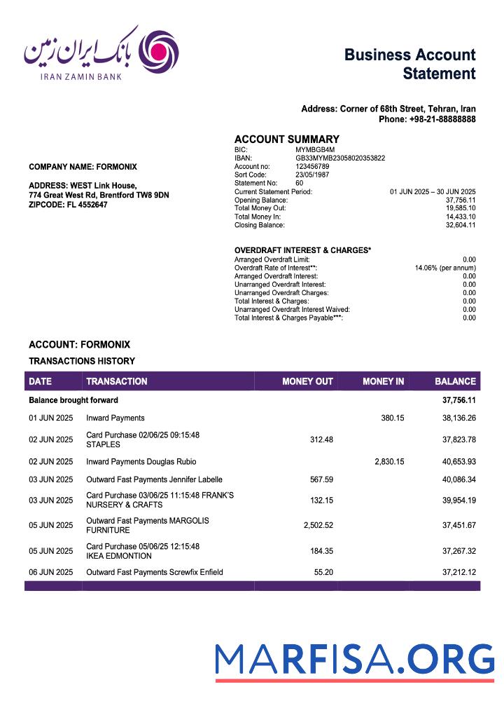 Professionell Iran Zamin Bank firm Konto Kontoauszug Word and PDF Vorlage