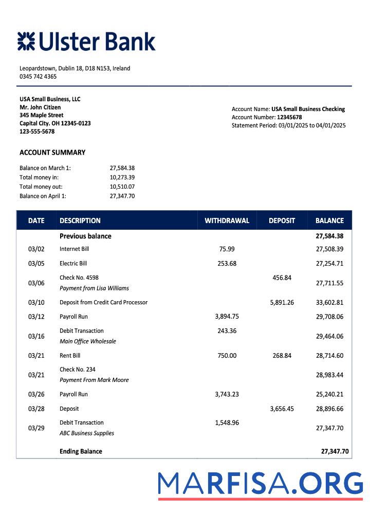 Professionell Irish Ulster Bank Geschäft checking Konto Kontoauszug Word and PDF Vorlage