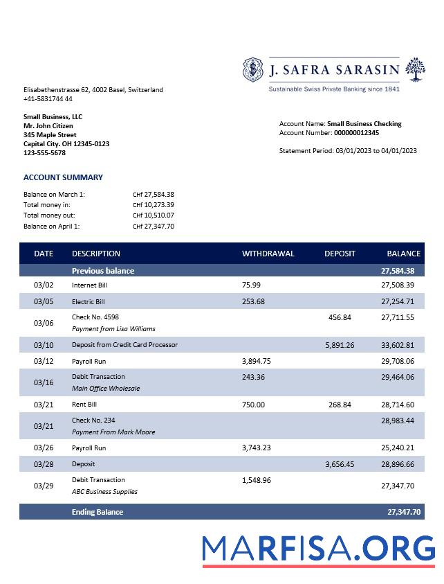 Hohe Qualität J. Safra Sarasin Bank Geschäft Kontoauszug Word and PDF Vorlage