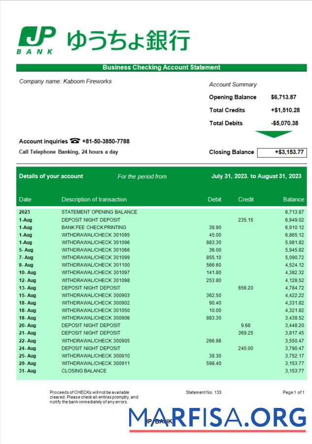Realistisch JP Bank (Japan Post Bank) organization Kontoauszug Word and PDF Vorlage