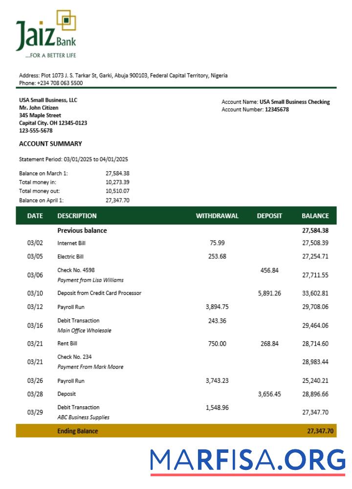 Jaiz Geschäft Bank Kontoauszug Word and PDF Format (1) Vorlage