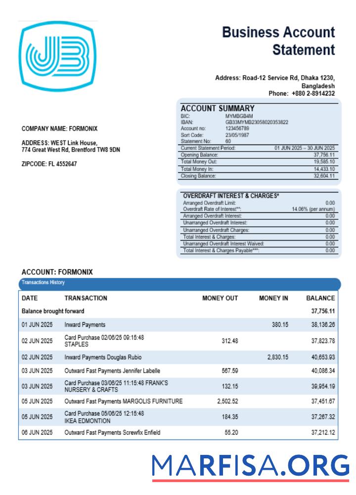 Janata Bank Geschäft Bank Kontoauszug Word and PDF Format Vorschau