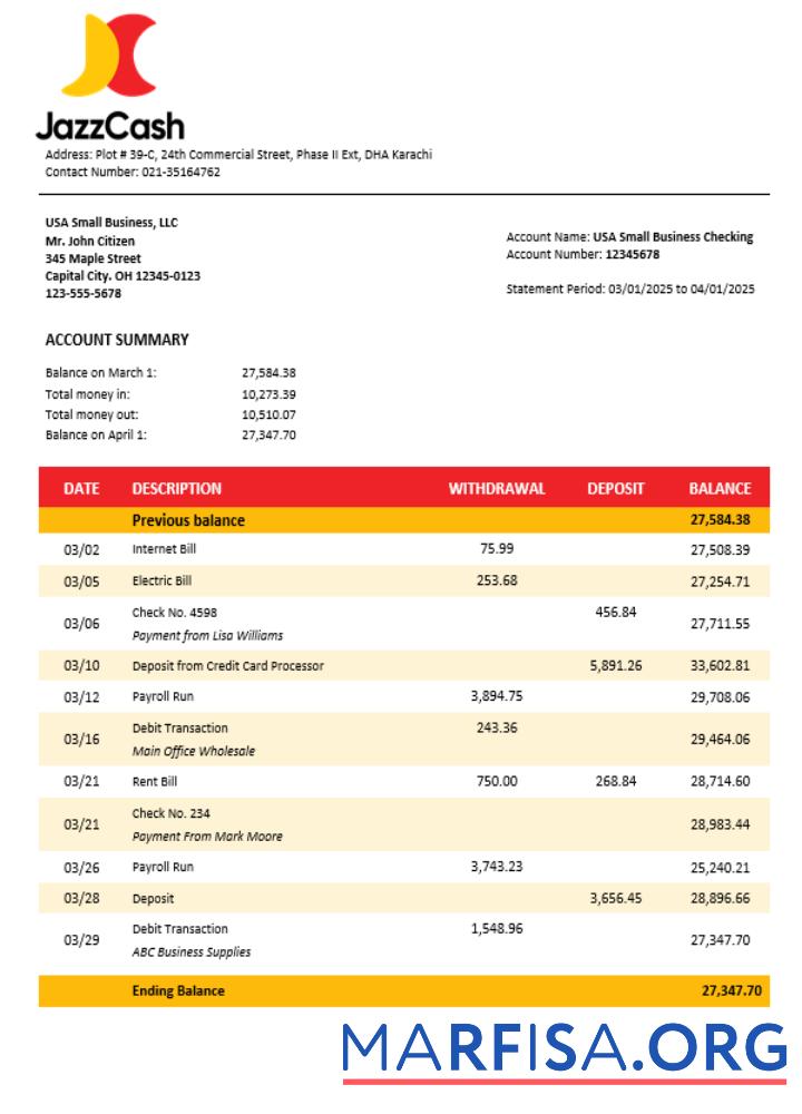 Jazz Cash Geschäft firm Kontoauszug Word and PDF Format Design