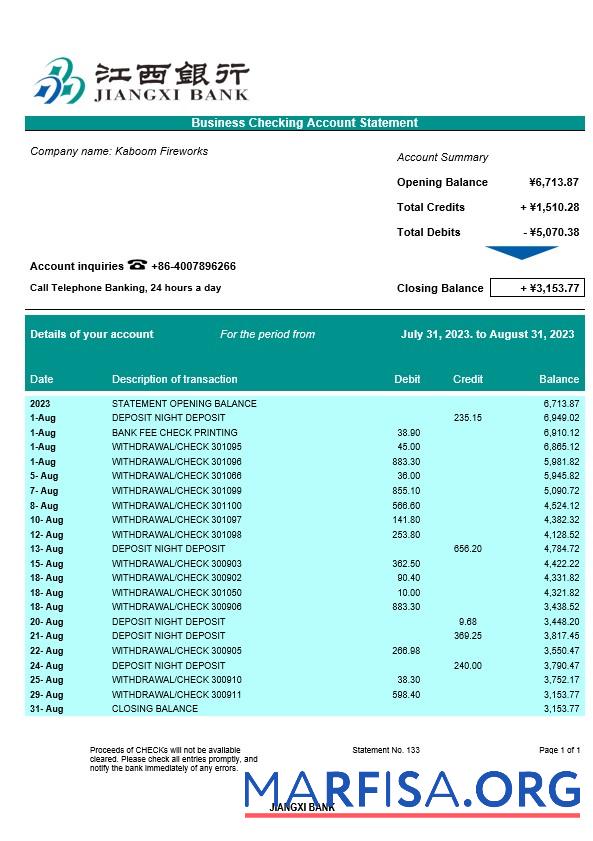 Professionell Jiangxi Bank Geschäft checking Konto Kontoauszug Word and PDF Vorlage