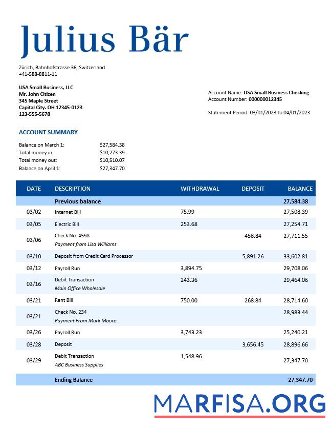 Premium Julius Baer Bank Unternehmen Kontoauszug Word and PDF Vorlage