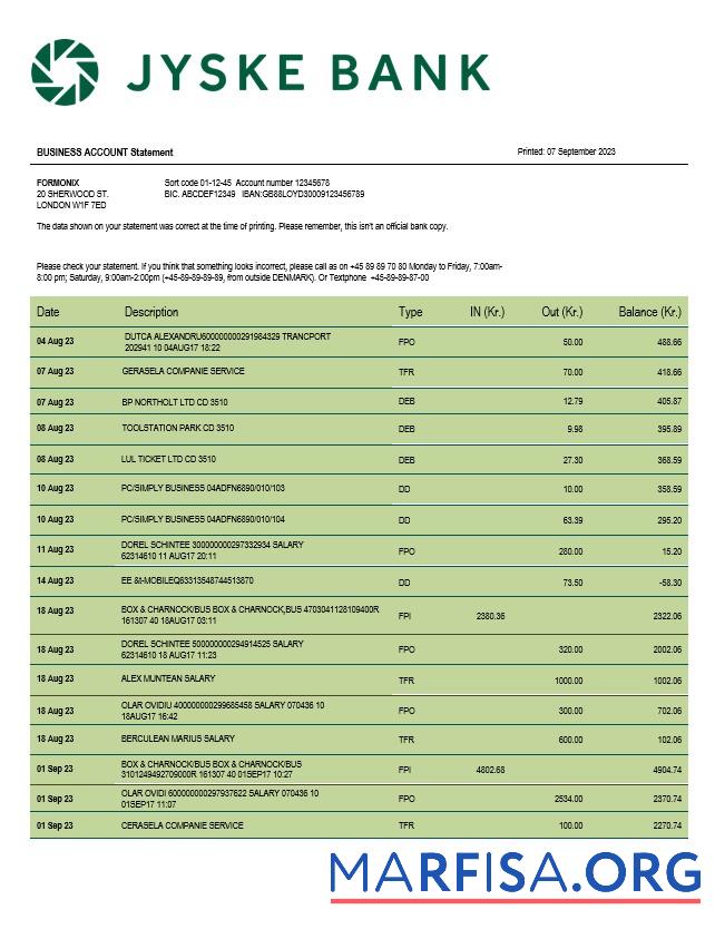 Professionell Jyske Bank Geschäft Kontoauszug Word and PDF Vorlage