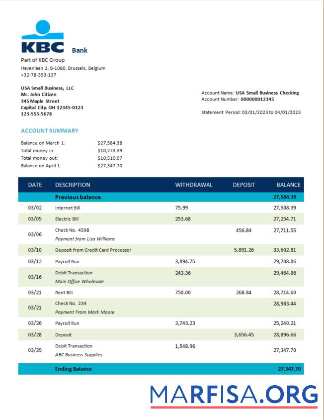Professionell KBC Bank corporate Konto Kontoauszug Word and PDF Vorlage