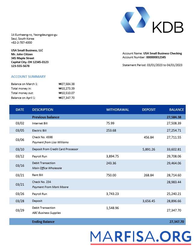 Professionell KDB Group Bank firm Konto Kontoauszug Word and PDF Vorlage