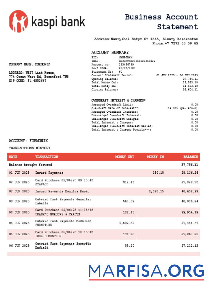 Bearbeitbar Kaspi Bank organization checking Konto Kontoauszug Word and PDF Vorlage