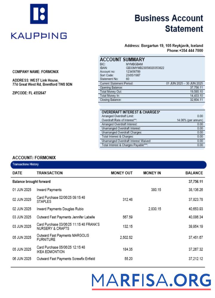 Kaupthing Geschäft firm Konto Bank Kontoauszug Word and PDF Format Vorschau
