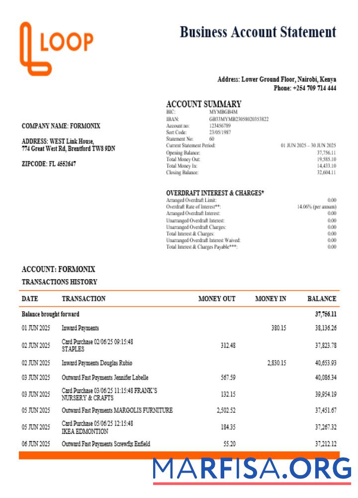 Kenia Loopa Bank Geschäft firm Konto Kontoauszug Word snd PDF Format Vorschau