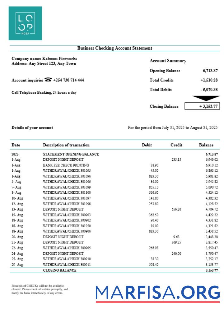 Kenyan CBA Loop Geschäft organization checking Kontoauszug Word and PDF Format Vorlage
