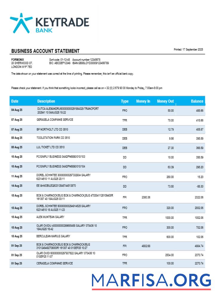 Keytrade Geschäft firm Kontoauszug Word and PDF Format Vorschau