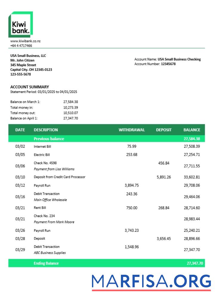 Kiwibank Geschäft firm Kontoauszug Word and PDF Format (1) Vorlage