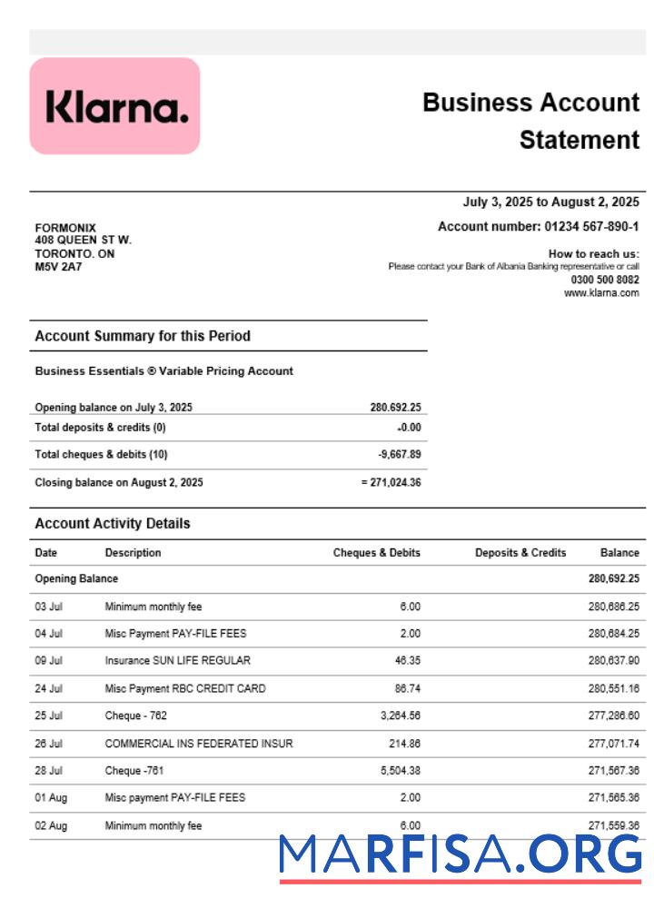 Premium Klarna Bank firm Konto Kontoauszug Word and PDF Vorlage