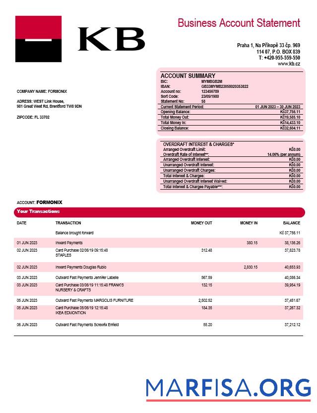 Professionell Komercni╠ü banka corporate checking Konto Kontoauszug Word and PDF Vorlage