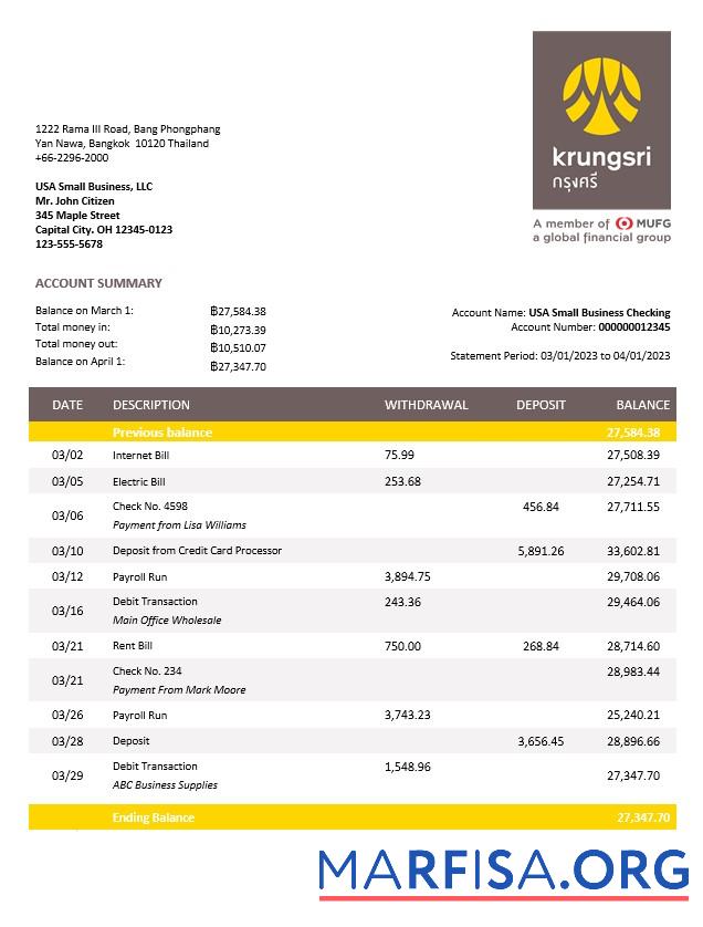 Bearbeitbar Krungsri Bank of Ayudha Geschäft Kontoauszug Word and PDF Vorlage