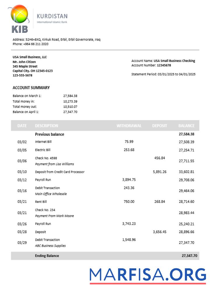 Kurdistan Geschäft Bank Kontoauszug Word and PDF Format Probe