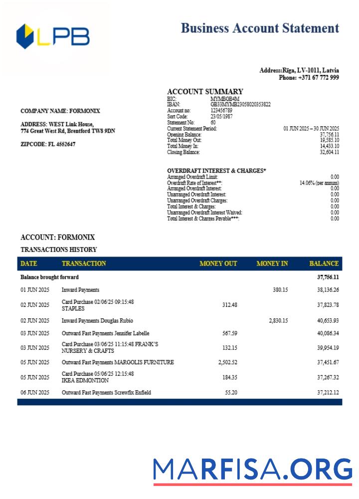 Latvian LPB Geschäft firm Kontoauszug Word and PDF Format (1) Probe