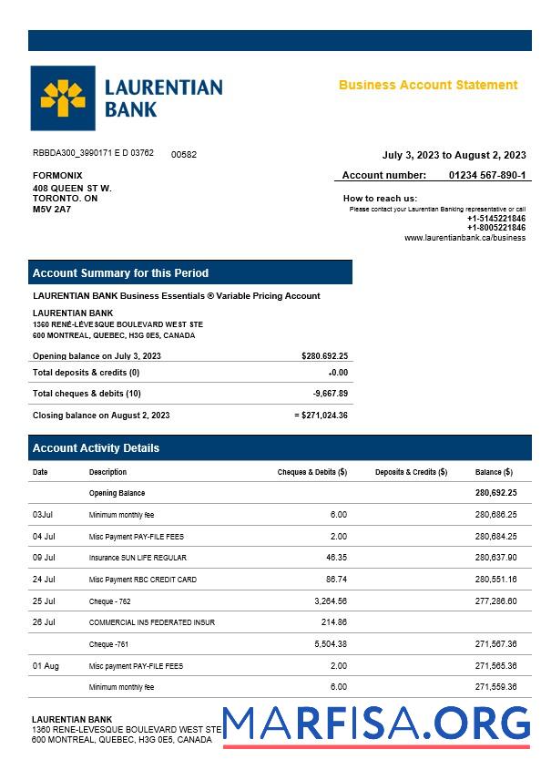 Hohe Qualität Laurentian Bank enterprise Konto Kontoauszug Word and PDF Vorlage