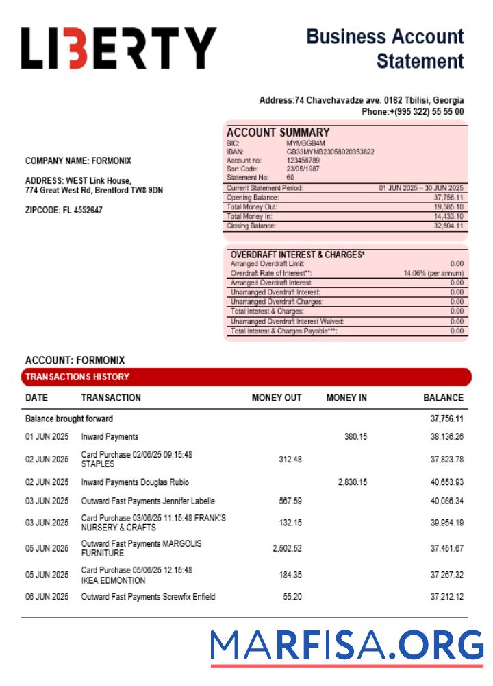 Liberty Bank organization checking Konto Kontoauszug Word and PDF Format Vorlage